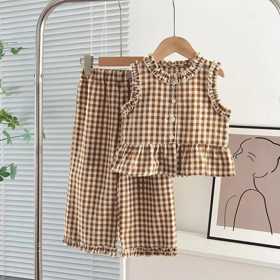 Korean Version 2-10 Year Old Girls and Teenagers Casual Suit with Checkered Lace Single Breasted Top and Pants Two-piece Set