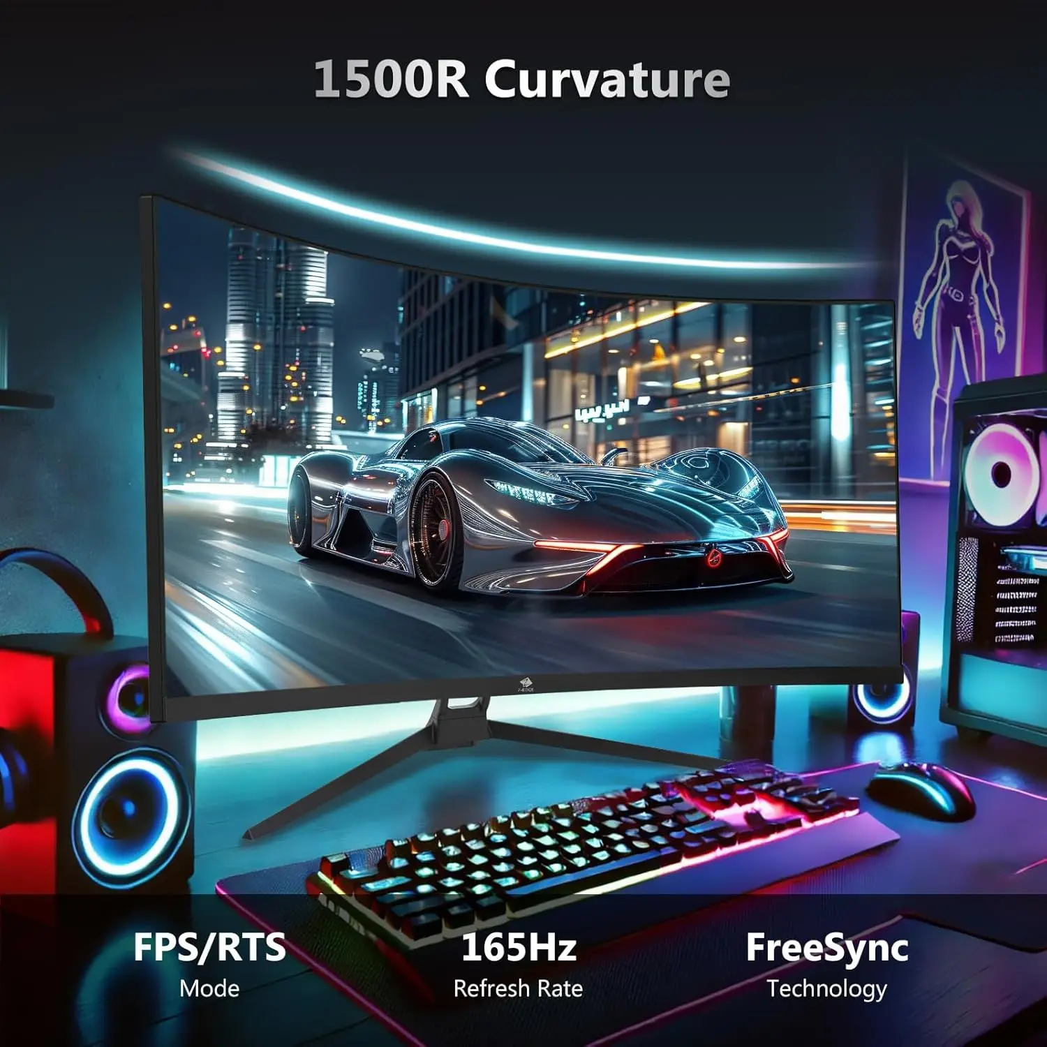 شاشة ألعاب منحنية Ultrawide 2K مقاس 34 بوصة مع معدل تحديث 165 هرتز، نسبة الارتفاع 21:9، 1 مللي ثانية MPRT، دقة 3440 × 1440، انحناء 1500R