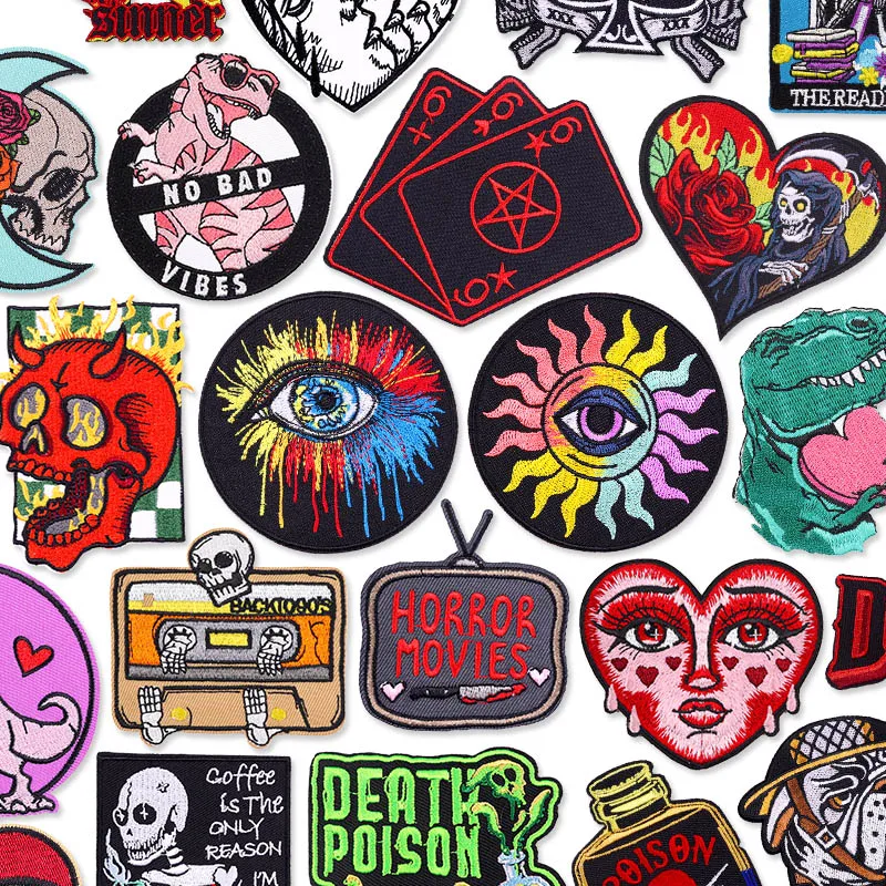 Hippie Eyes Applique Iron On Patches For Clothing DIY Fusible Sewing Badges Punk Skull/Skeleton Embroidered Patches On Clothes