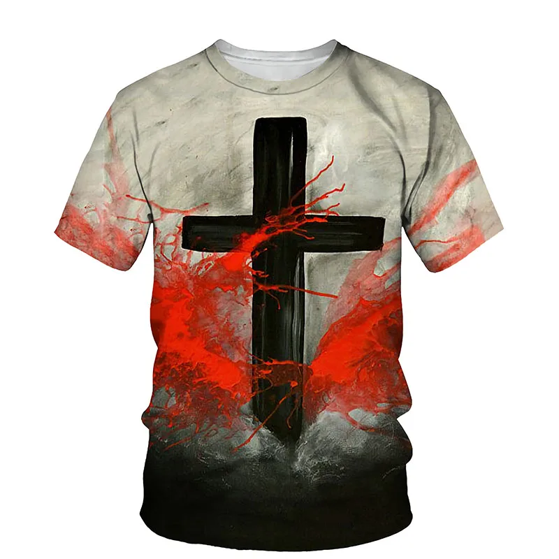

New 3d Cross Print Men's Ladies T-shirt Jesus Summer O-neck Short Sleeve Christian Style Sports Breathable Fitness Top