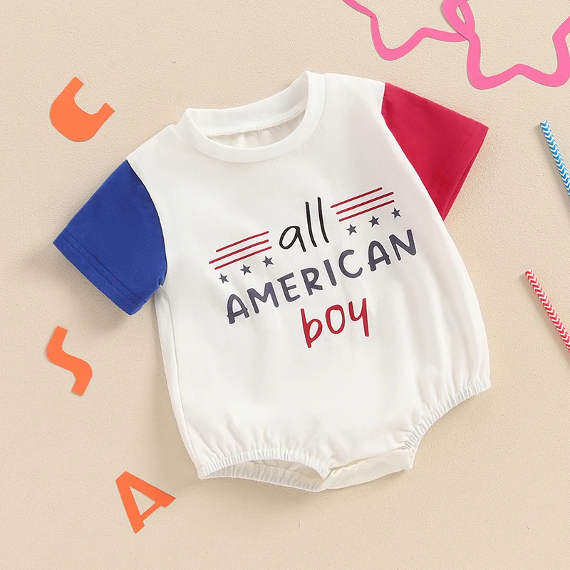 Baby Boy 4th of July Romper Casual Letter Star Print Round Neck Short Sleeve Jumpsuit Toddler Summer Clothes