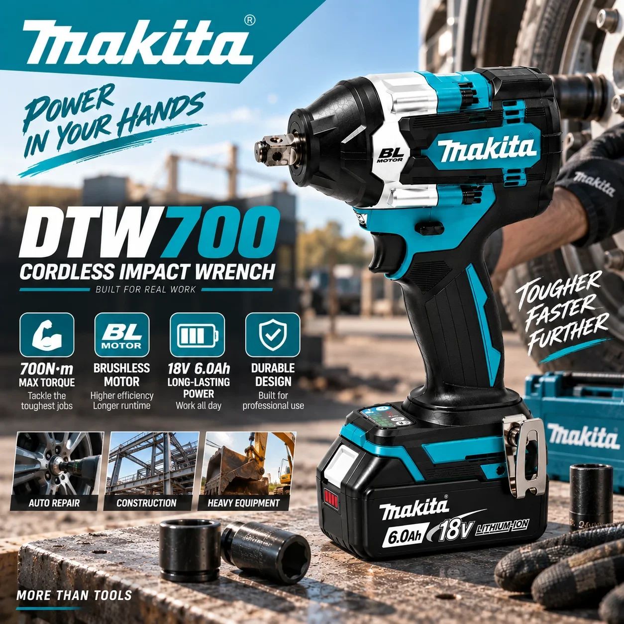 Per la chiave a impulsi Makita DTW700 18V senza spazzole | Potente Utensile a Coppia Senza Fili con Batteria da 6,0Ah e Avvitatore a Impulsi Senza Fili DTW700 18V con Batteria da 6,0Ah, Motore
