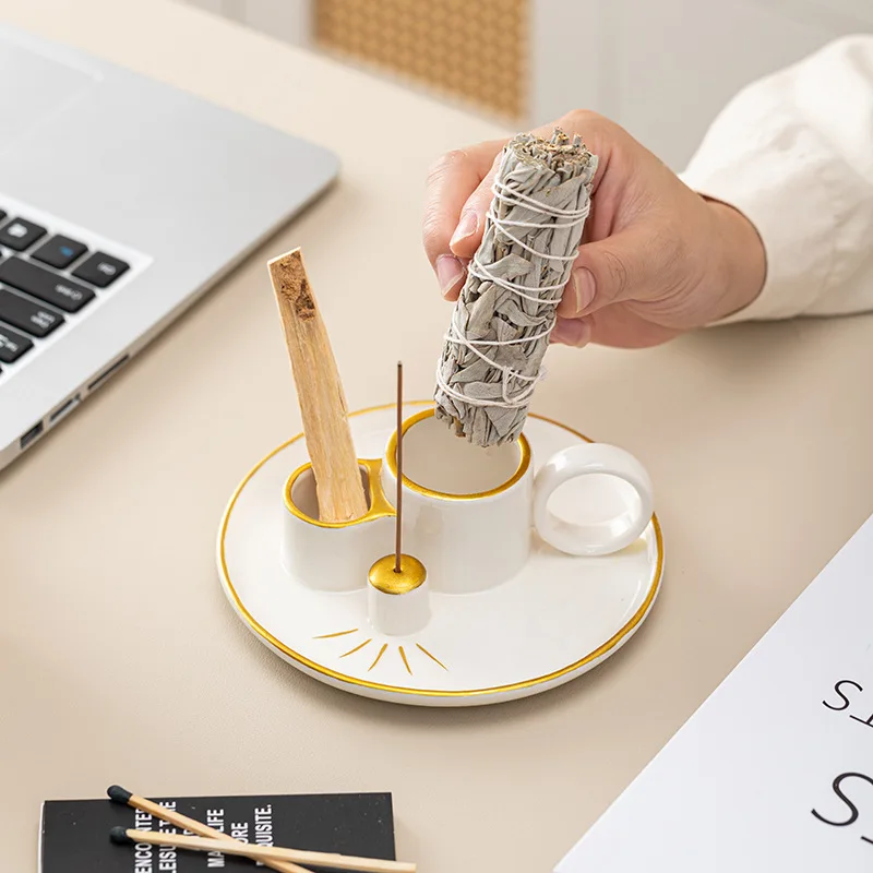Ceramic Incense Burner Candle Holder Aromatherapy Candlestick Holder Sage Tray Holy Wood Burning Stand Incense Ash Collector