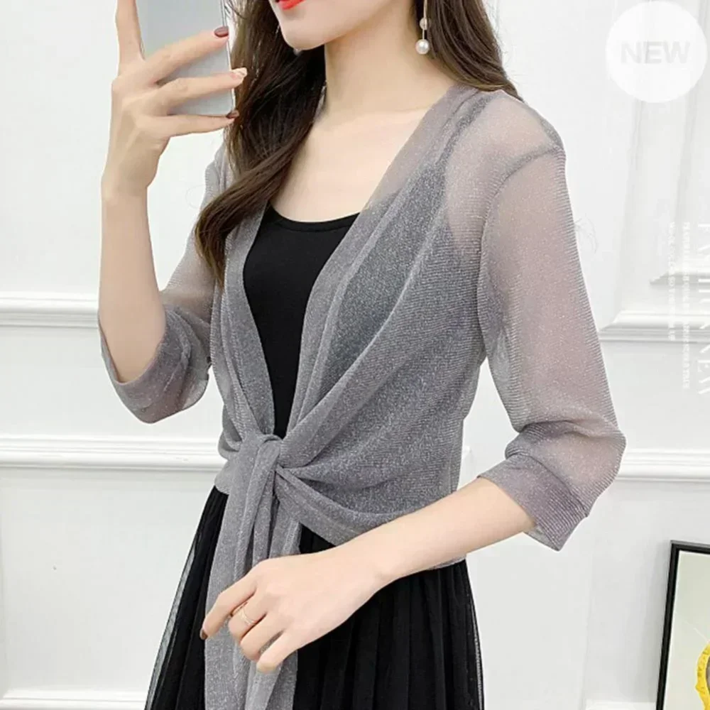 2024 Women's Sheer Glitter Lace-up Cardigan Lightweight Jacket Half Sleeve Summer See-through Loose Blouse Women All Match