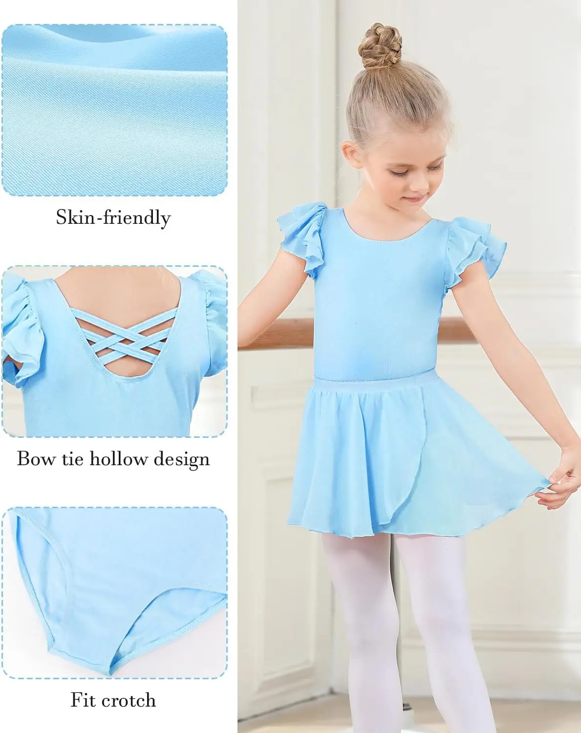 Leotardos de Ballet para niñas, vestido de Ballet de manga corta, Falda de baile extraíble, disfraz de bailarina para niños pequeños, vestido de baile con espalda hueca