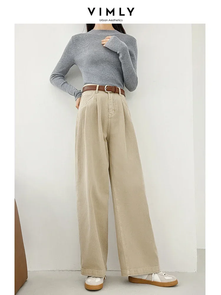 Vimly Khaki Baggy Pants Women 2024 Spring High Waist Wide Leg Casual 100% Cotton Loose Straight Pant Leather Belt Trouser M5720