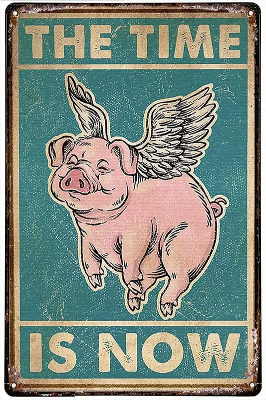 Metal Plate Tin Sign Pig With Wings The Time Is Now Vintage Style Metal Wall Plaque Wall Decoration Metal Sign 8x12 inch