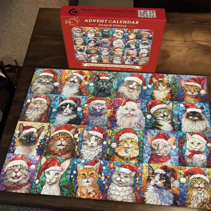 Cat Jigsaw Advent Calendar 2024, Christmas Cat Jigsaw Puzzles 1000 Pieces, Christmas Cats Advent Calendar 2024 for Adults