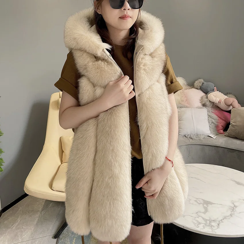

JANEFUR Real Fox Fur Vest Women Winter Hooded Sleeveless Fur Coat Luxury Natural Fox Fur Gilet Warm Thick Waistcoat JFC1-22013