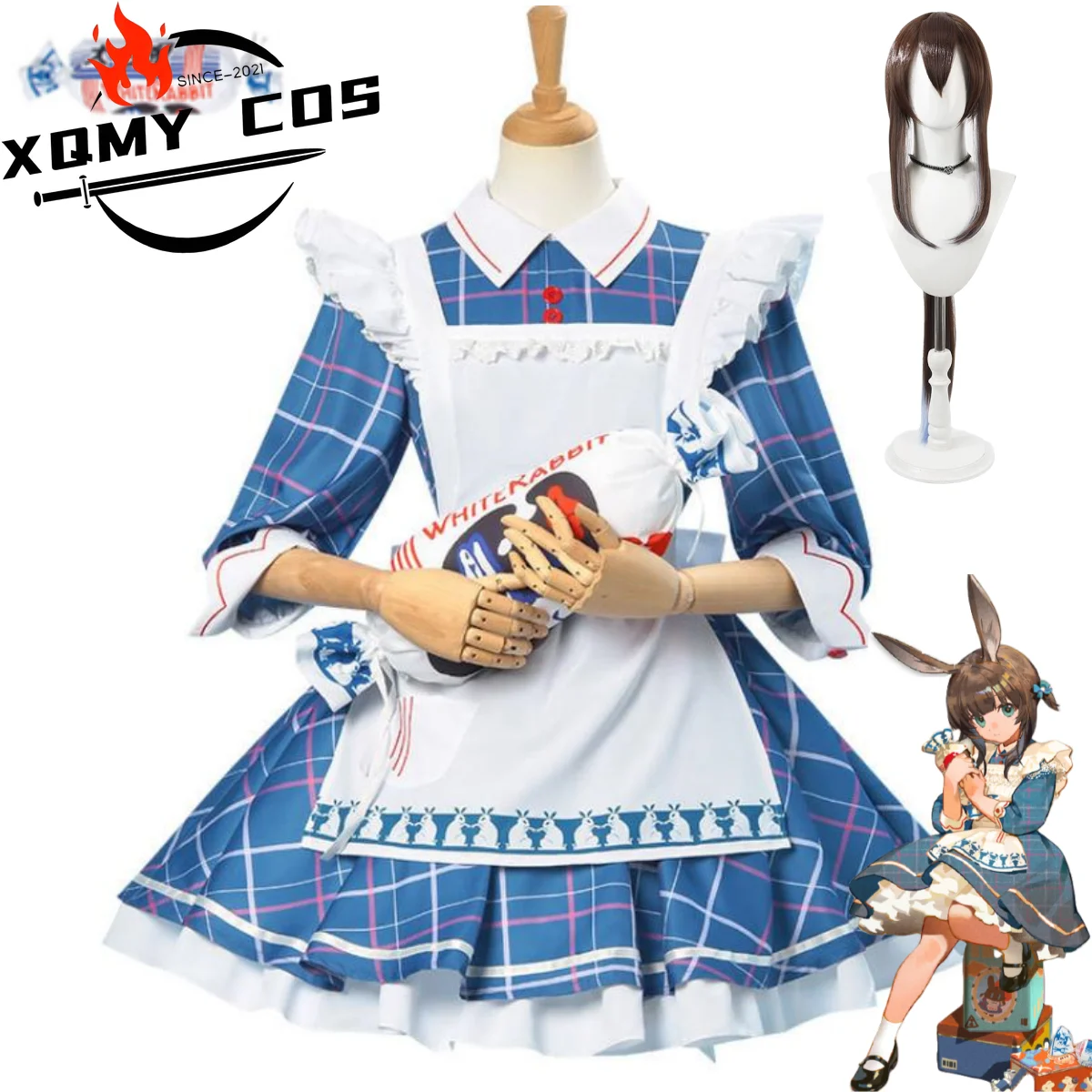 

XqGame Arknights Amiya Cosplay Costume Caster White Rabbit Creamy Candy Blue White Lolita Skirt Wig Ear Woman Cute Christmas Sui
