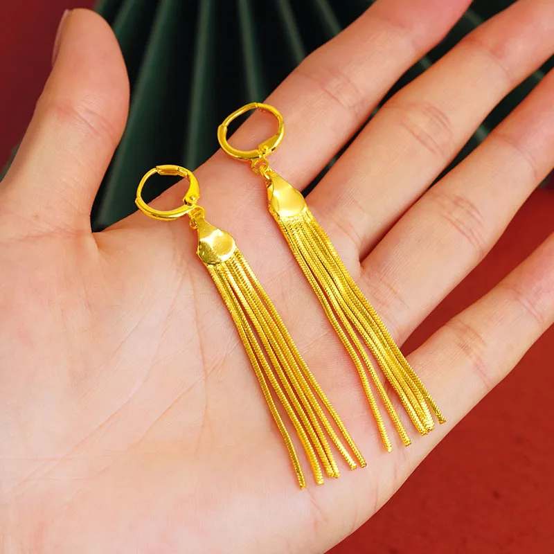 Luxury 24K 9999 Pure Gold real gold Women's exquisite and elegant small ear ring multi-line tassel ear cord