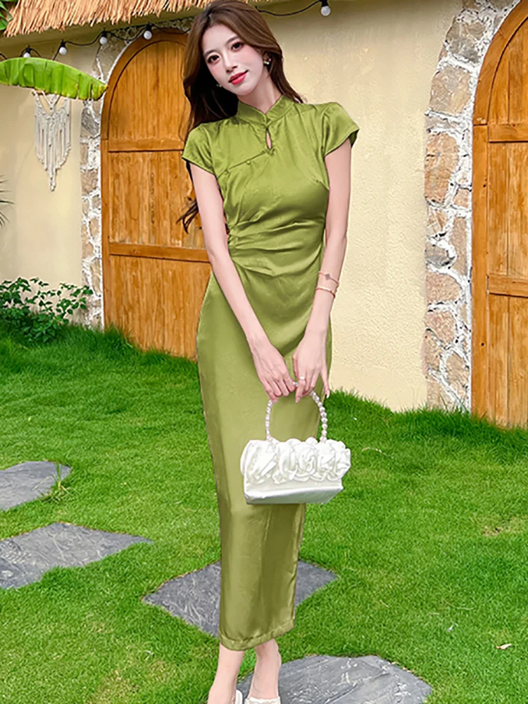 Robe longue en Satin rose pour femmes, manches courtes, col montant, plissée, moulante, luxe, coréenne, élégante, Festival, été, 2025