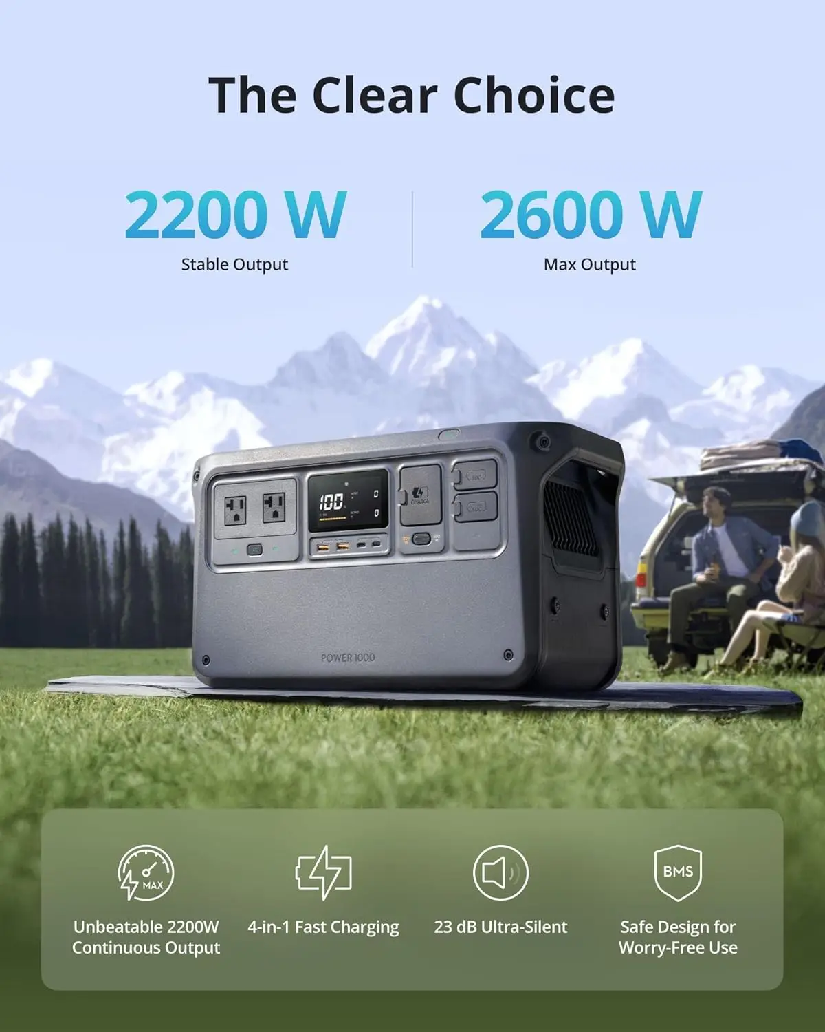 

1000 Portable Power Station, 1024Wh LiFePO4 Battery, 2200W (Peak 2600W) AC/140W USB-C Output, 23db Ultra-Silent