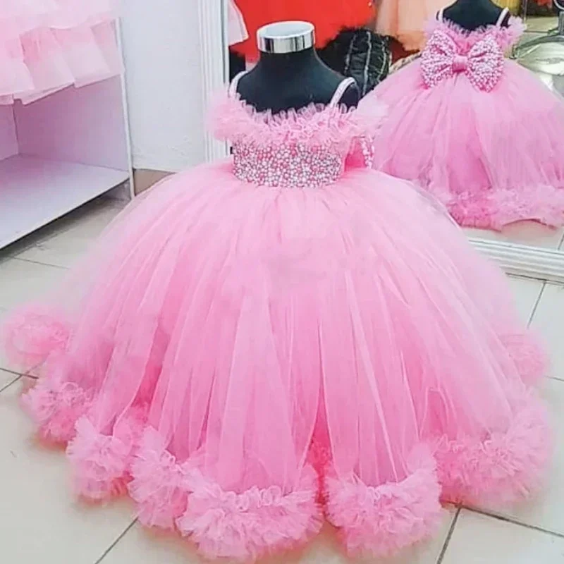 Vintage Pink Ball Gown Flower Girl Dresses Straps Neck Kid Birthday Party Dress Costumes Gowns