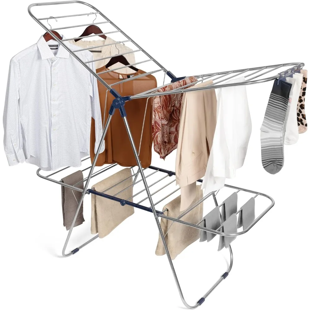 

Clothes Drying Rack, Foldable 2-Layer Stainless Steel Drying Rack, Free Standing with Height Adjustable Wings, Stainless Steel