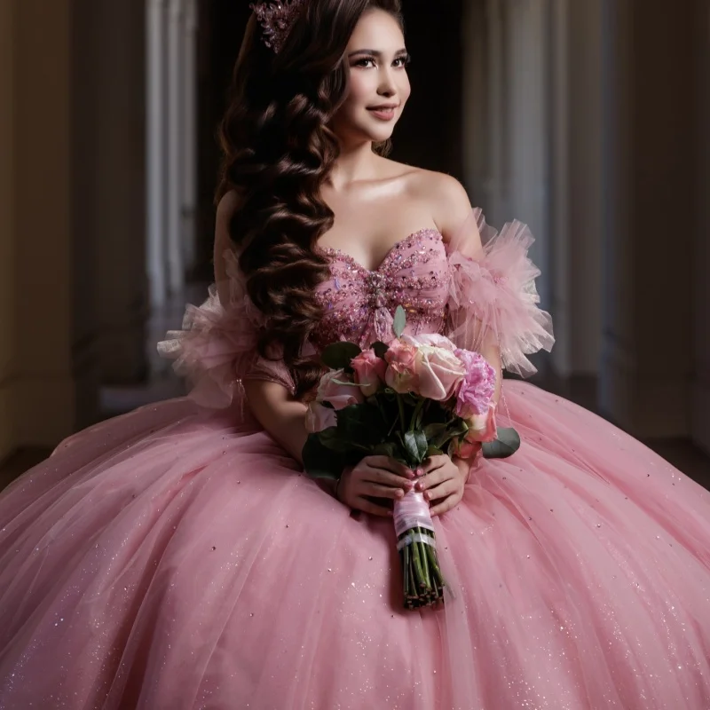 

Pink Quinceanera Dress off-shoulder Glitter Lace Layering Beading Decal Long tail vestidos de 15 Quinceanera ﻿Customize