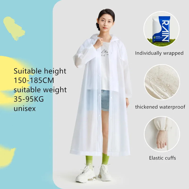 Portable adult EVA thick and extended outdoor travel transparent one-piece raincoat