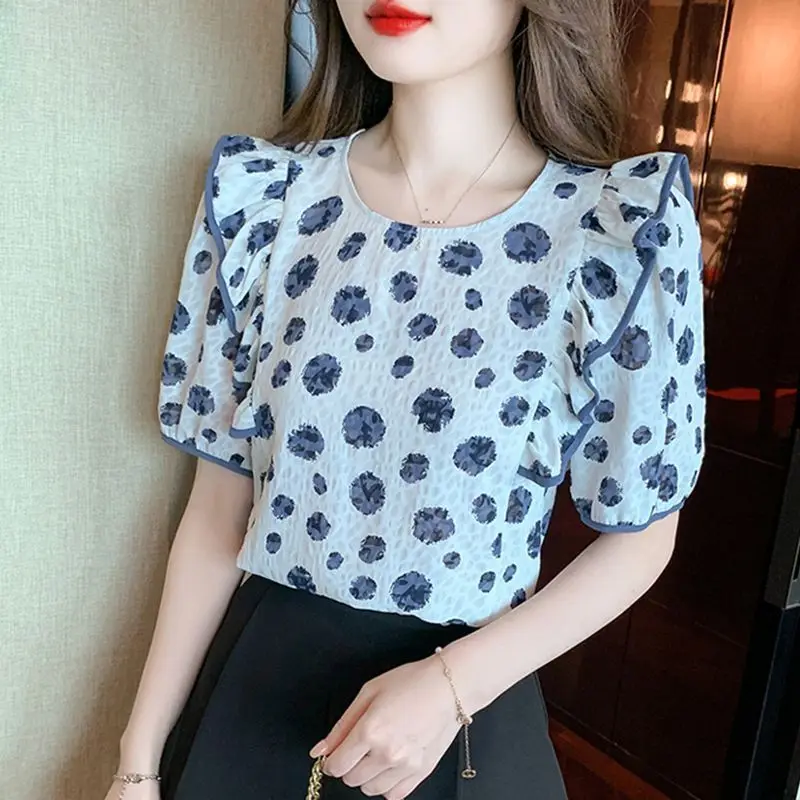 

Summer Polka Dot Chiffon Shirt for Women New Style Design Niche Fashionable Short Sleeved Top
