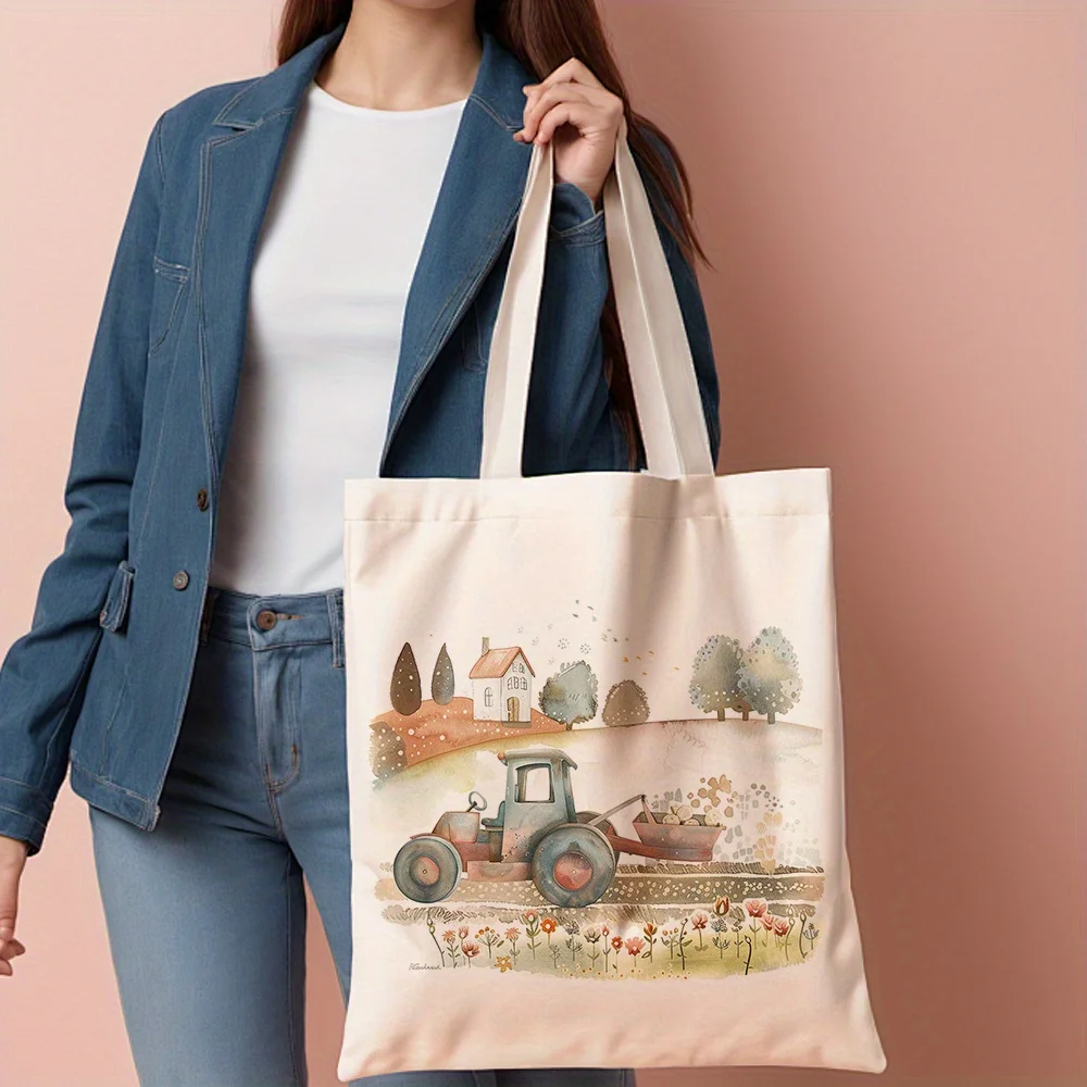 1pc, Vintage Tractor Canvas Tote Bag Reusable Grocery Bags (35.05cm x 40.13cm), Stylish Bag for Daily Shopping, Farmhouse Decor,