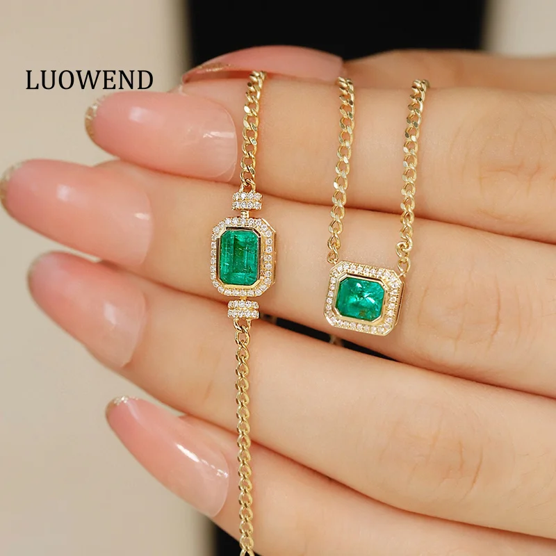 LUOWEND 18K Yellow Gold Bracelet Classic Cuban Chain Shiny Diamond Natural Emerald Bracelet&Necklace for Women Party Jewelry Set