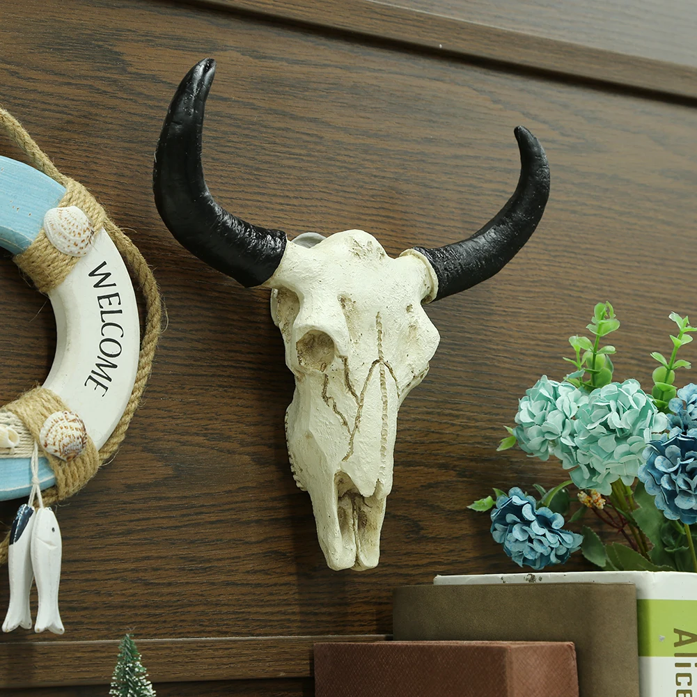 Longhorn Cow Skull Head Ornament Wall Hanging Animal Wildlife Sculpture Figurines Crafts Realistic for Home Halloween Decor