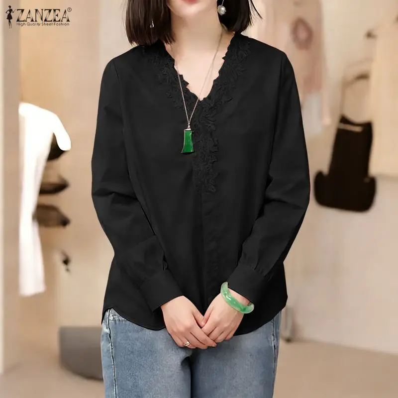 

Женские элегантные блузки с кружевными вставками, однотонные, с V-образным вырезом, с длинными рукавами, минималистичные топы ZANZEA, весенне-летние повседневные блузки для женщин
