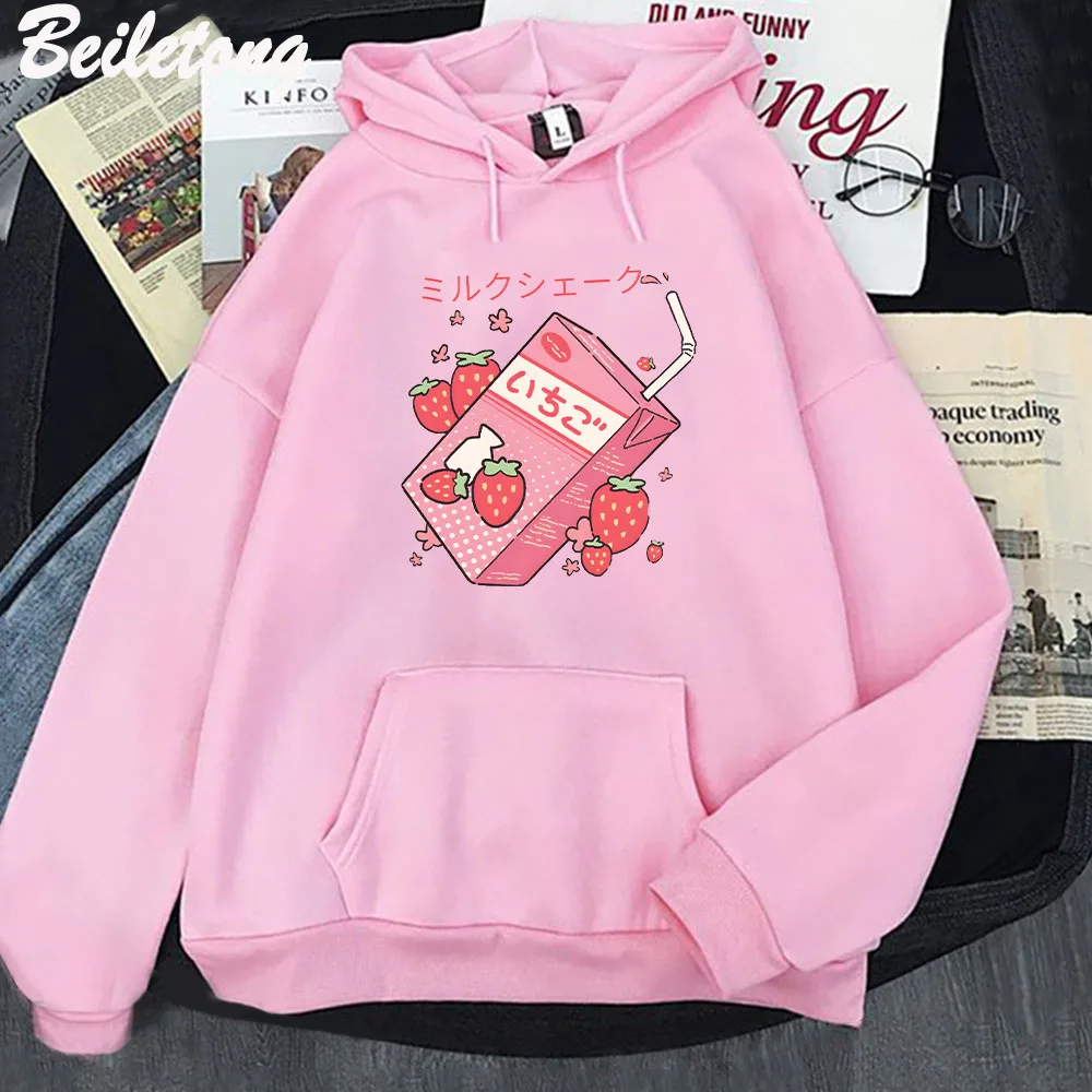 

Japanese Kawaii Strawberry Milk Shake Essential Classic Hoodies Men/women Long Sleeve Harajuku Graphic Pullovers Sweatshirt