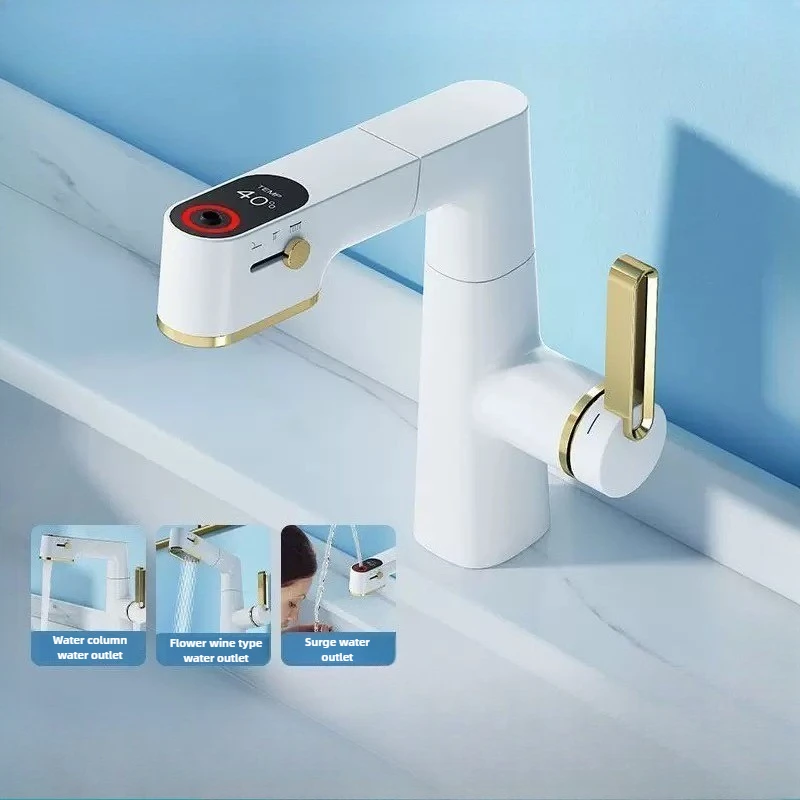

Multifunctional Bathroom Faucets Pull Out Basin Mixer Sink Faucet Gourmet LED Temperature Tap 360° Tapware Crane Brass White