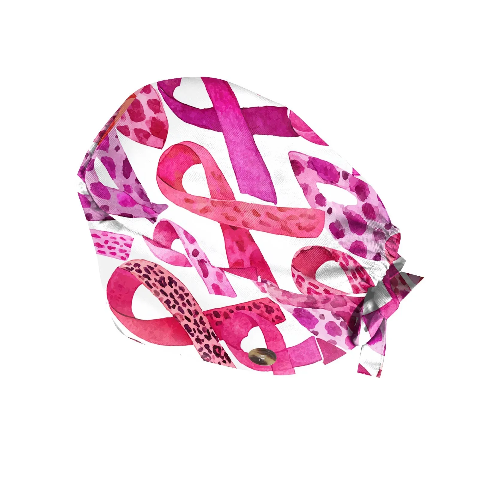 หมวกพิมพ์ลายริบบิ้นสีชมพู หมวกสครับแบบปรับได้ หมวกทำงานร้านเสริมสวย หมวกห้องปฏิบัติการ ร้านขายสัตว์เลี้ยง หมวกพยาบาลแบบมีกระดุม