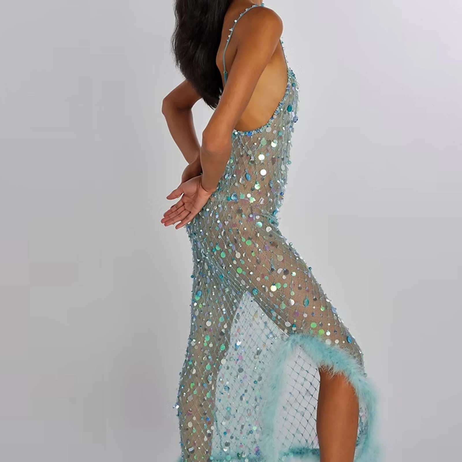 Combhasaki Women Summer Adjustable Spaghetti Straps Backless Shiny Sequins See-through Sheer Side Split Feather Trim Long Dress