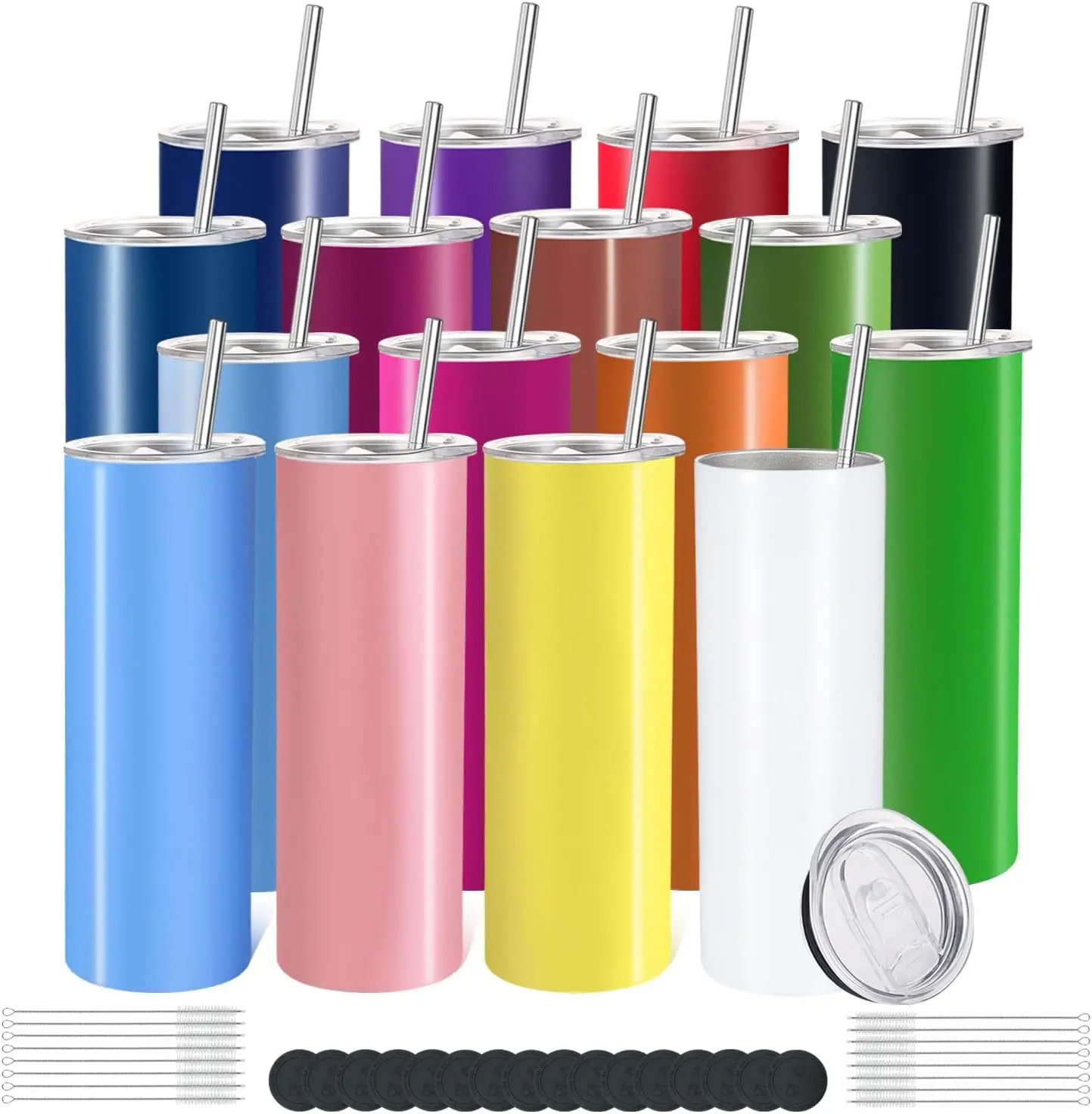 16 Pack Skinny Tumblers 20oz Bulk Straight Stainless Steel Double Wall Vacuum Insulated Tumbler with Lid and Straw, 16 Colors