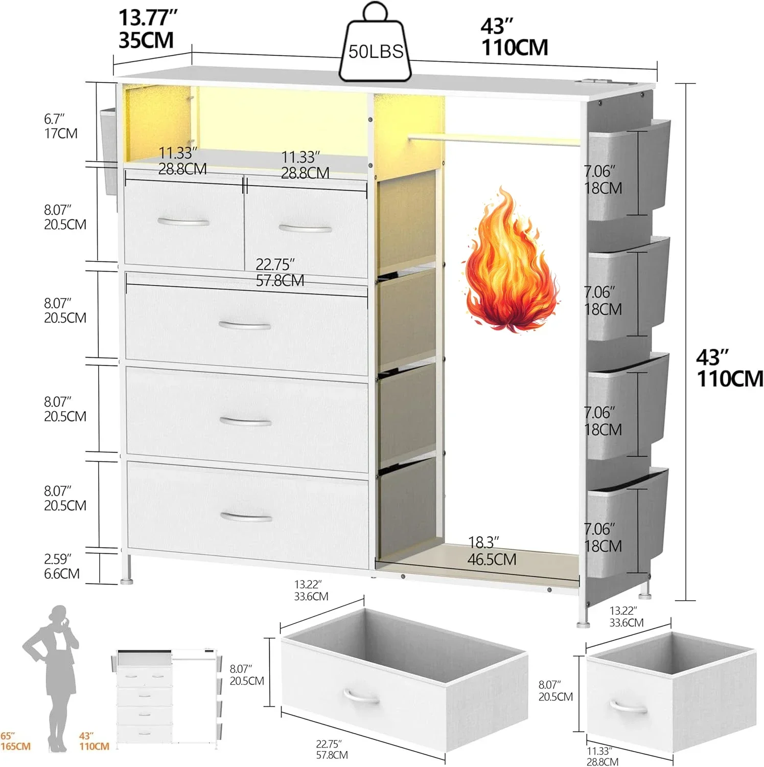 

Комод для спальни с вешалкой для одежды, боковыми карманами, белый, 5 ящиков, с зарядной станцией, светодиодной подсветкой, прочная стальная рама