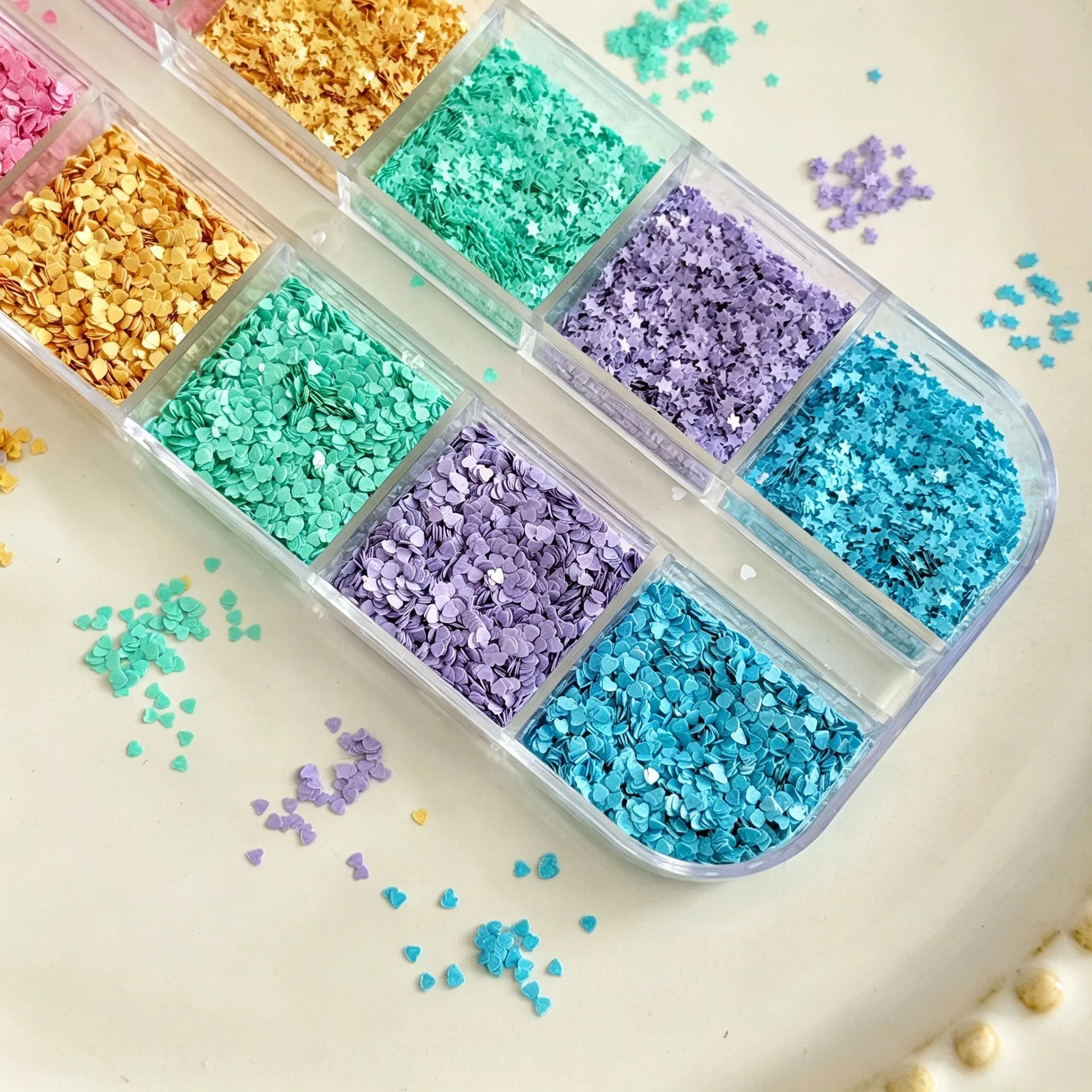 12Grids Macaron Color Mini Heart Star Shape Sequin Nail Glitter 1mm Ultra-thin Nail Flakies Paillettes DIY Manicure Decoration