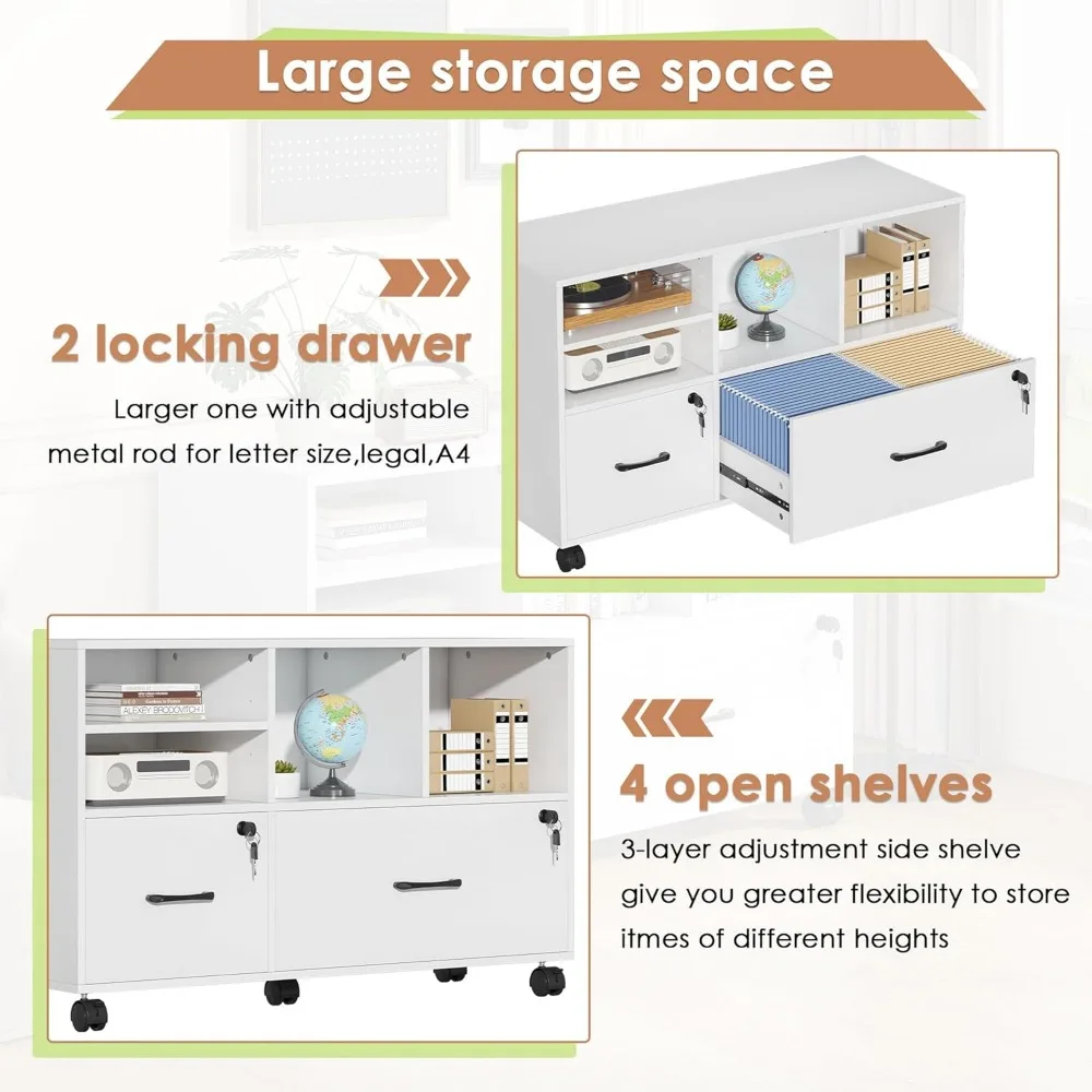 Semoic 2 Drawer Wood Lateral File Cabinet with Lock, Lockable Rolling Filing Cabinet with Open Storage Shelves, Printer Stand