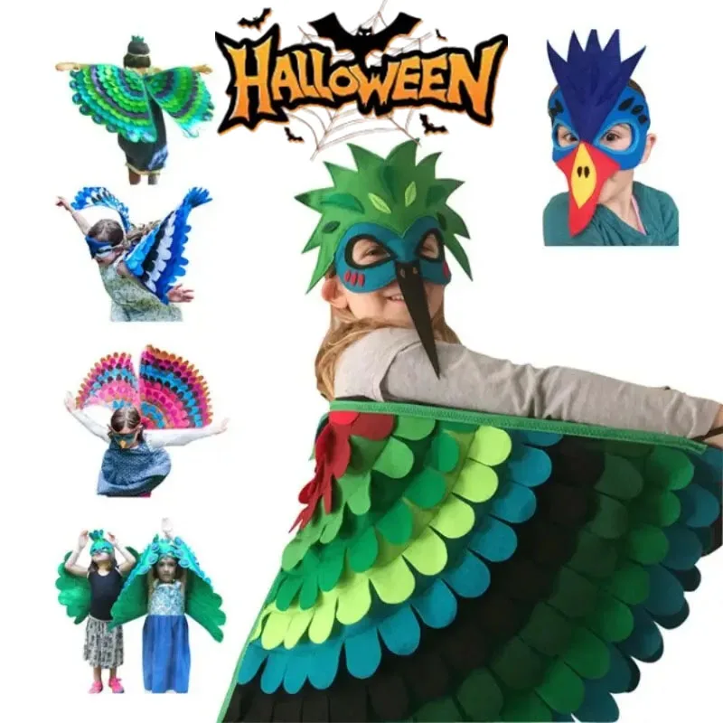 1PC New Halloween Felt Wings Cape Mask Set Phoenix Bird Peacock Feather Kids Performance Costume Little Bird Prop