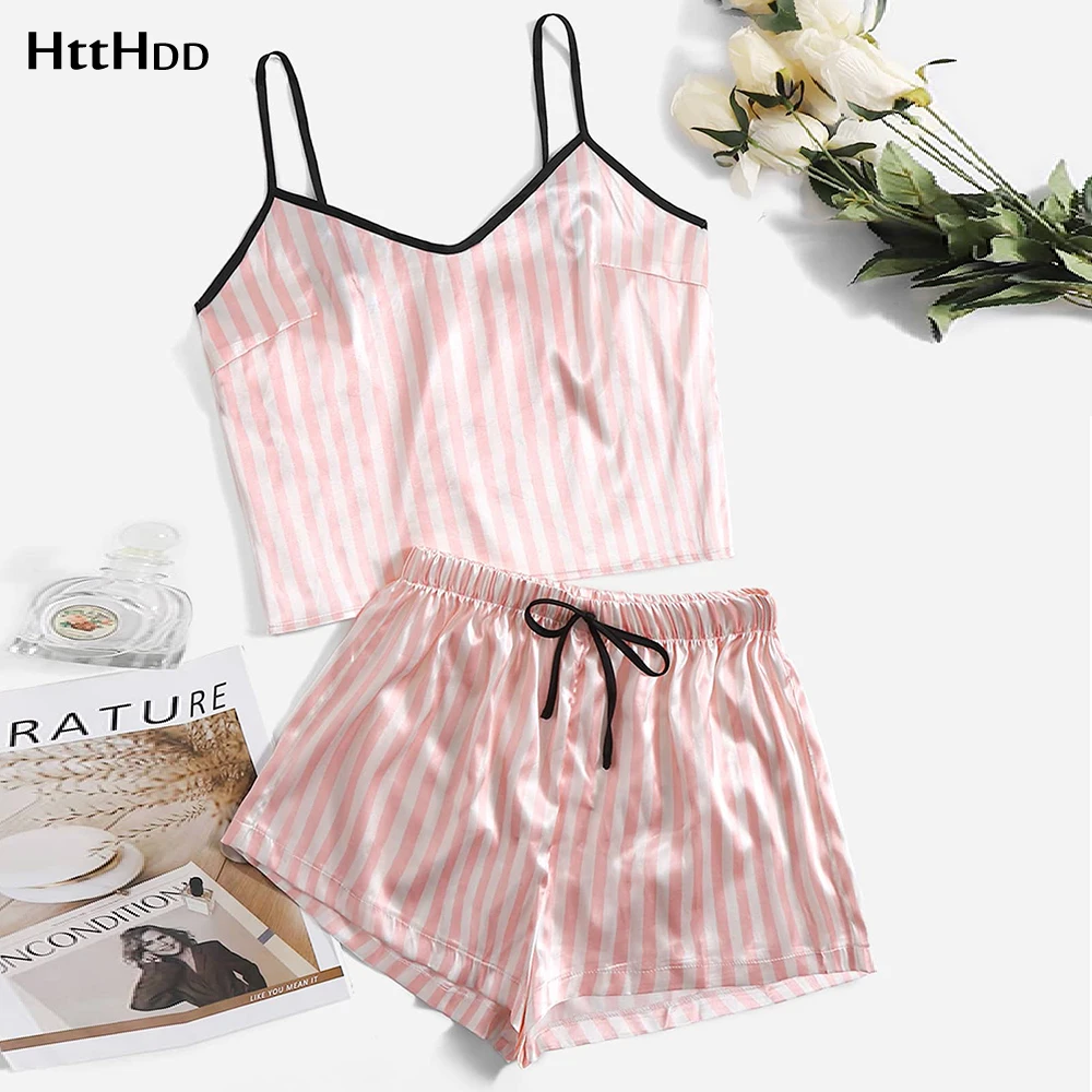 Conjunto de pijama Sexy con estampado de dibujos animados para mujer, ropa de dormir de satén sin mangas con tirantes, traje de casa para verano