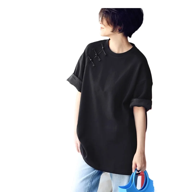 New Chinese Style Buckle High-end Splicing Jacquard Short Sleeved 2024 New Versatile Black T-shirt Women's Fashion Summer