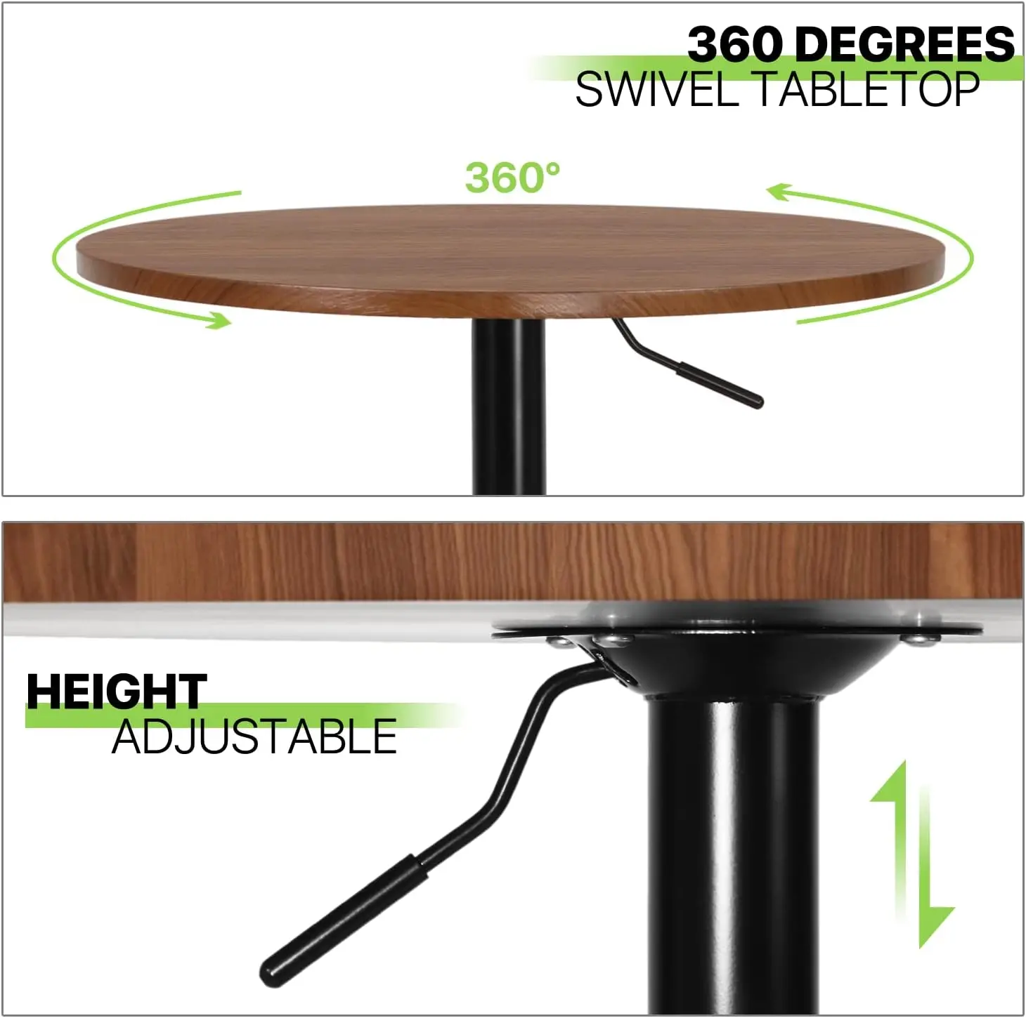 Round Bar Table, Height-Adjustable，Pub Tables with Black Leg and Sturdy Base, 360° Swivel Table for Kitchen Bistro Bar Cocktail