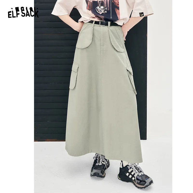 ELFSACK workwear style high rise skirt for women solid color street style skirt 2024 new fashion casual style thin A pendulum sk