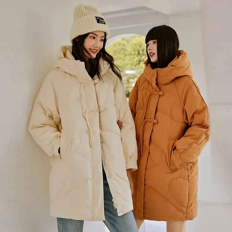 Winter Jacket Women's Clothing 2023 New Down Cotton Coat Hooded Long Parkas Female Loose Thicken Retro Disc Buckle Padded Coats