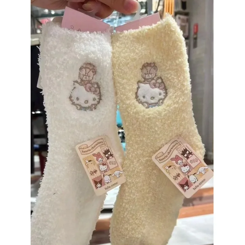 

New Hello Kitty Socks Miniso Embroidery Coral Fleece Mid Length Socks Cute Color Scheme Keep Warm Comfortable Thickening Socks