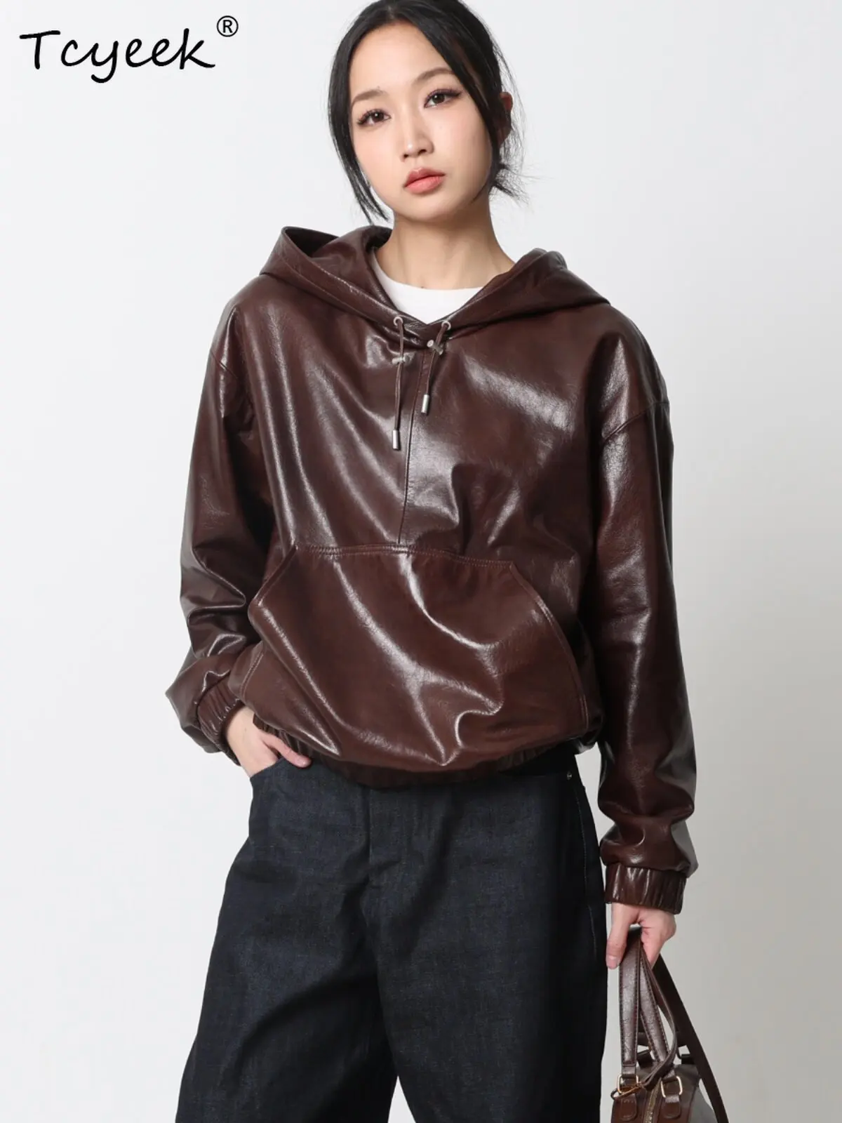 Tcyeek Real Leather Jacket Woman Hoodie Oil Wax Sheepskin Coat Streetwear Women Autumn Clothes Pullover Loose Fit Abrigo Mujer