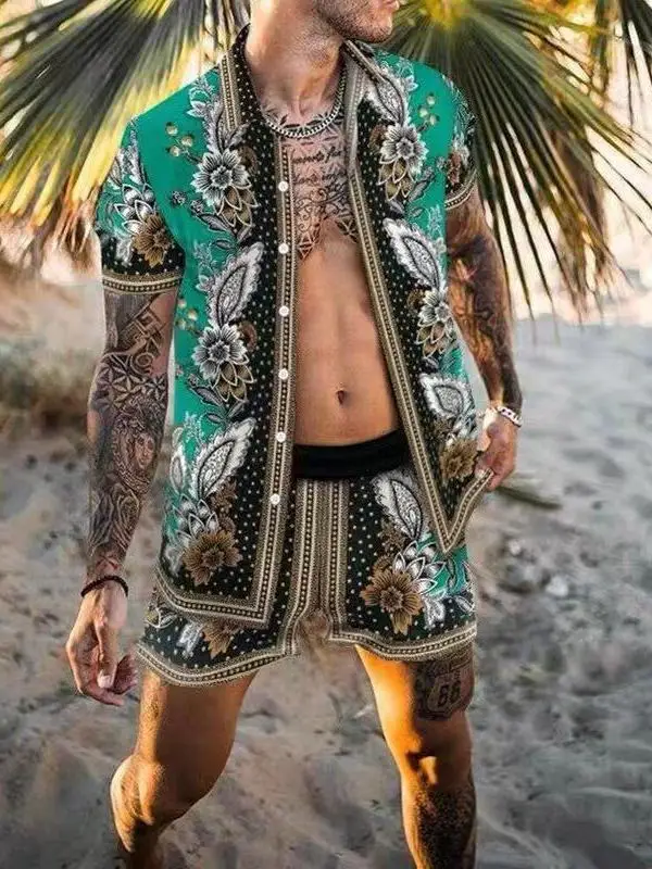 Summer Men's Casual Loose Short Sleeve Shirt And Shorts Beach Ethnic Style Set Youth Fashion Clothing Short Pants Outfit