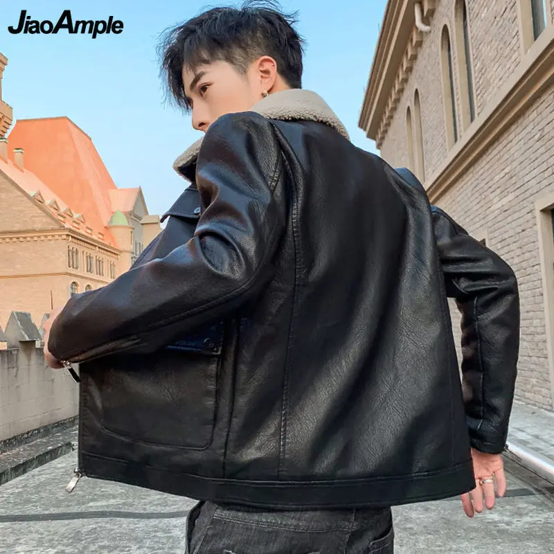 

Autumn Winter Men Thick Warm Velvet Fake Leather Black Jacket Korean Moto Biker Coats Basic Joker Zipper Outerwear Male