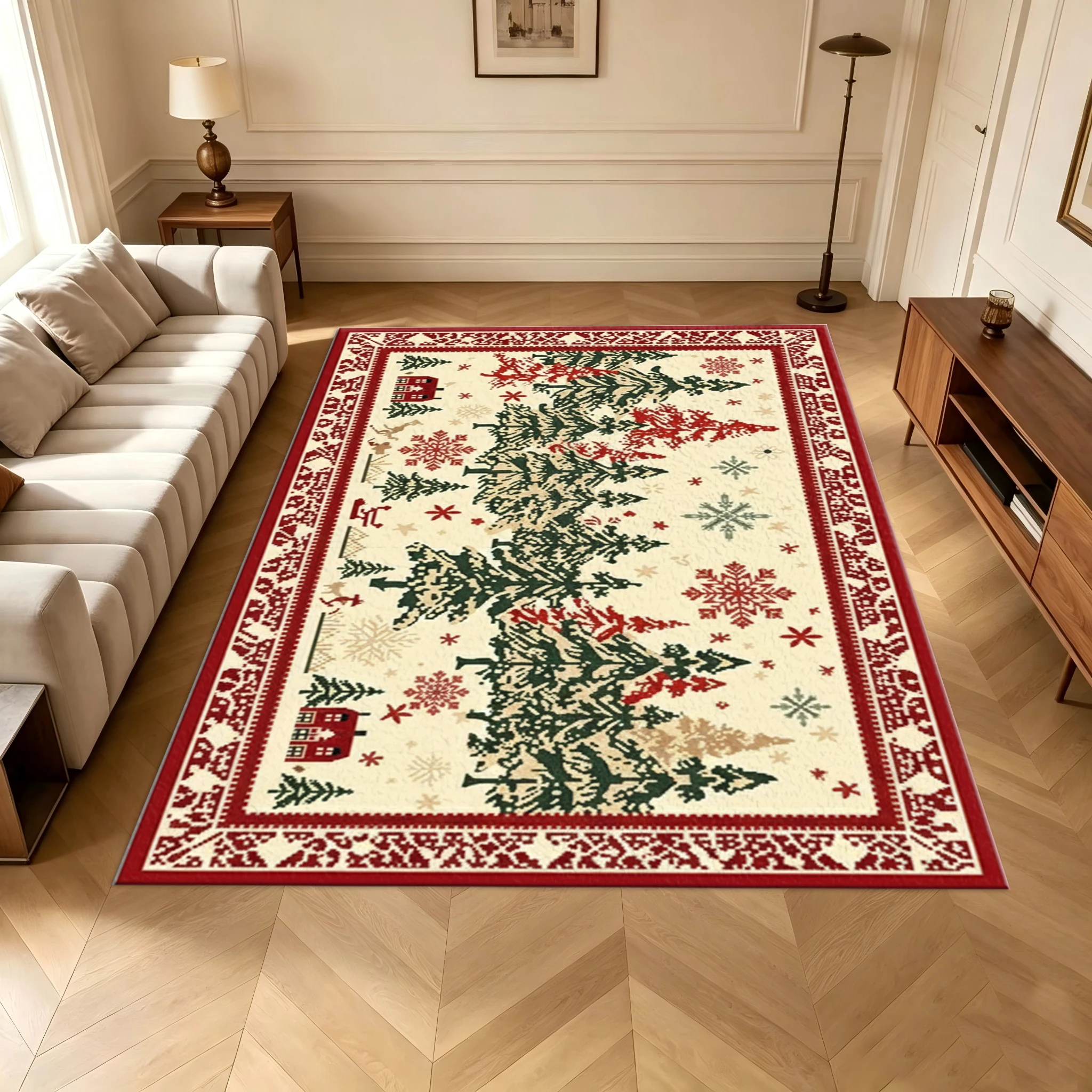 Nordic Christmas Tree Snowflake Print Carpet Winter Country Style Floor Mat Home Carpet