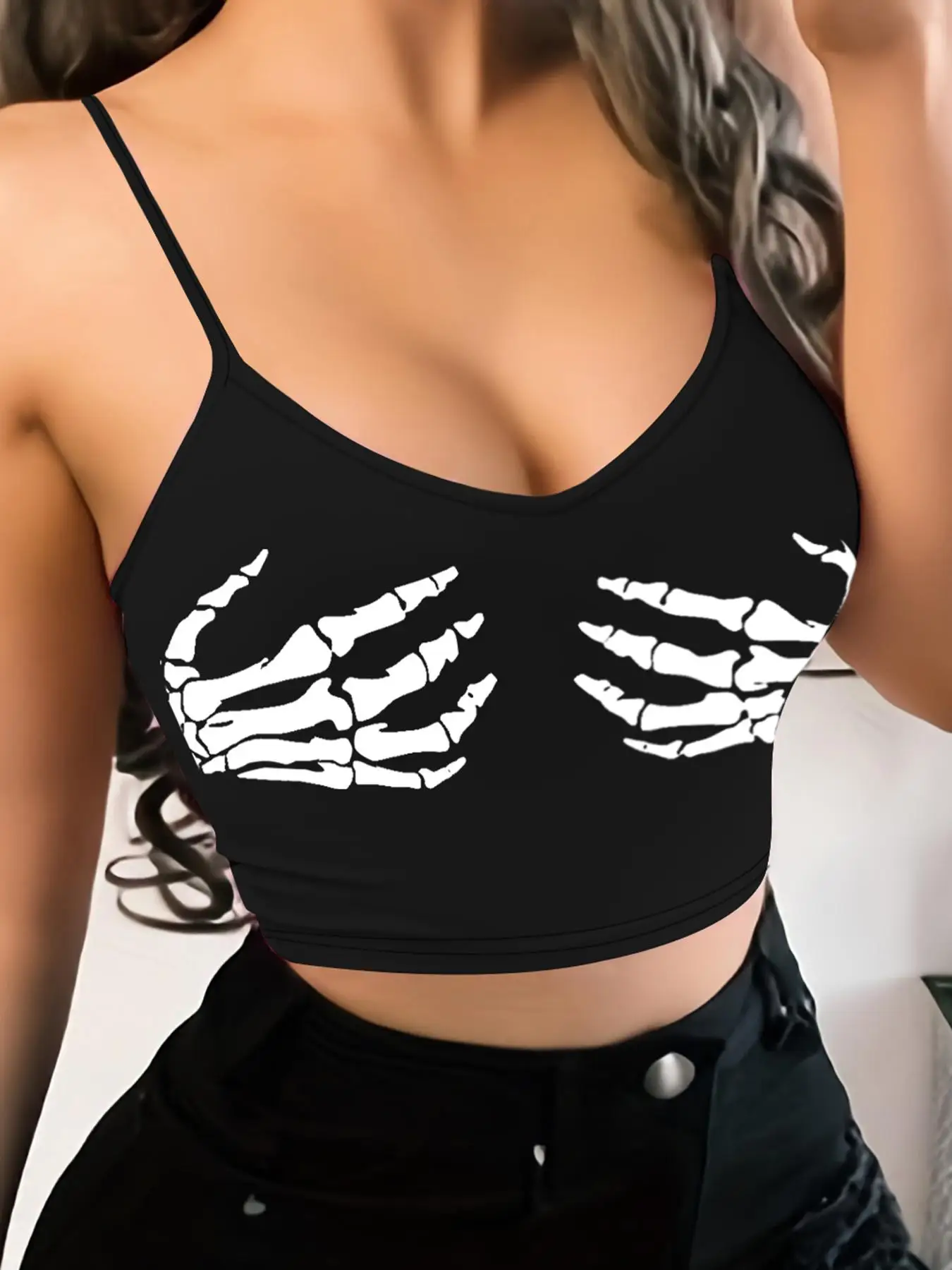 Boho Chic Skeleton Print Crop Top | Sexy Stretch Fit, Sleeveless Spaghetti Strap | Easy-Care, Versatile All-Season