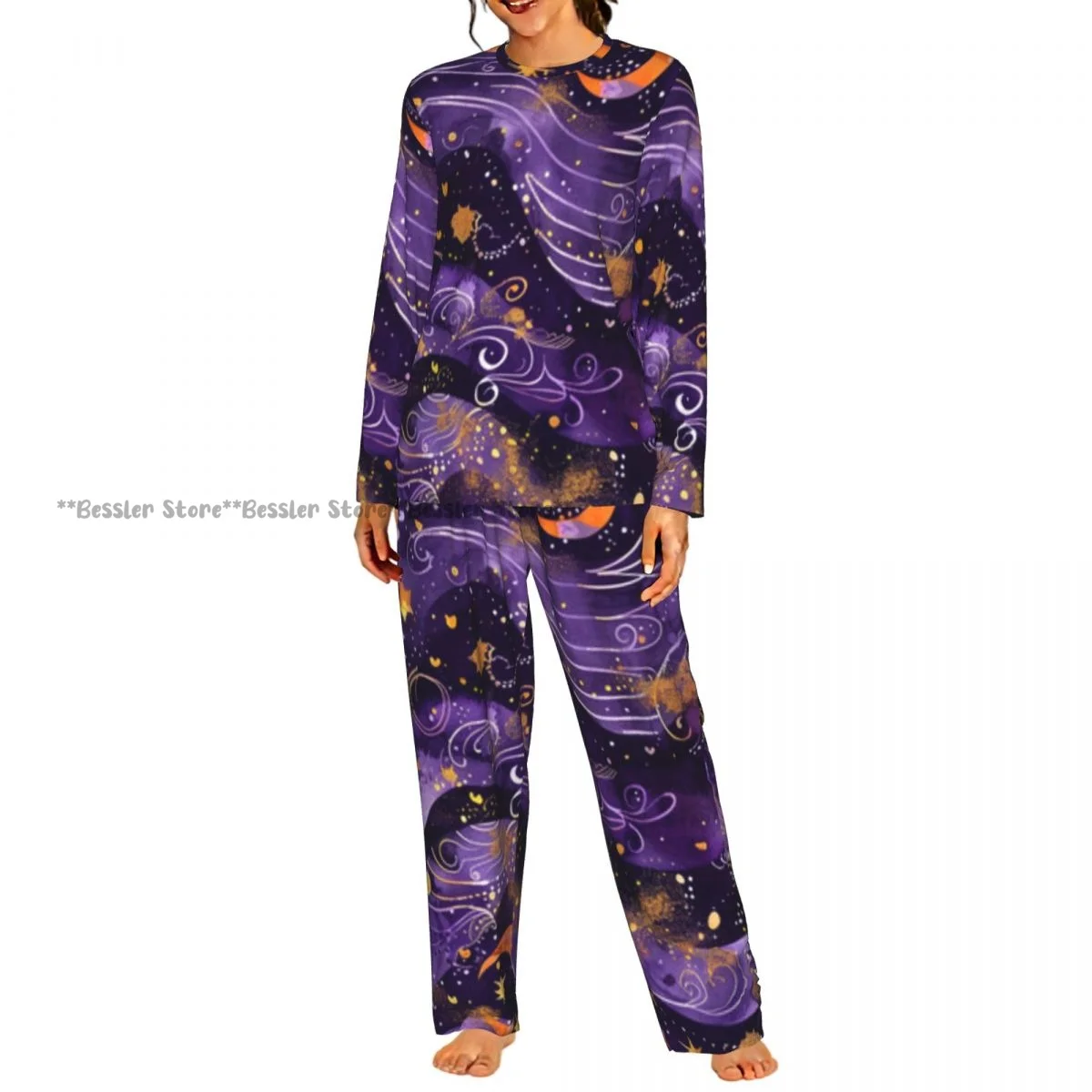 2 Piece Women Round Neck Pajamas Set Long Sleeve Long Pants Hand Drawn Clouds Moon And Stars Homewear Casual Daily Sleepwear