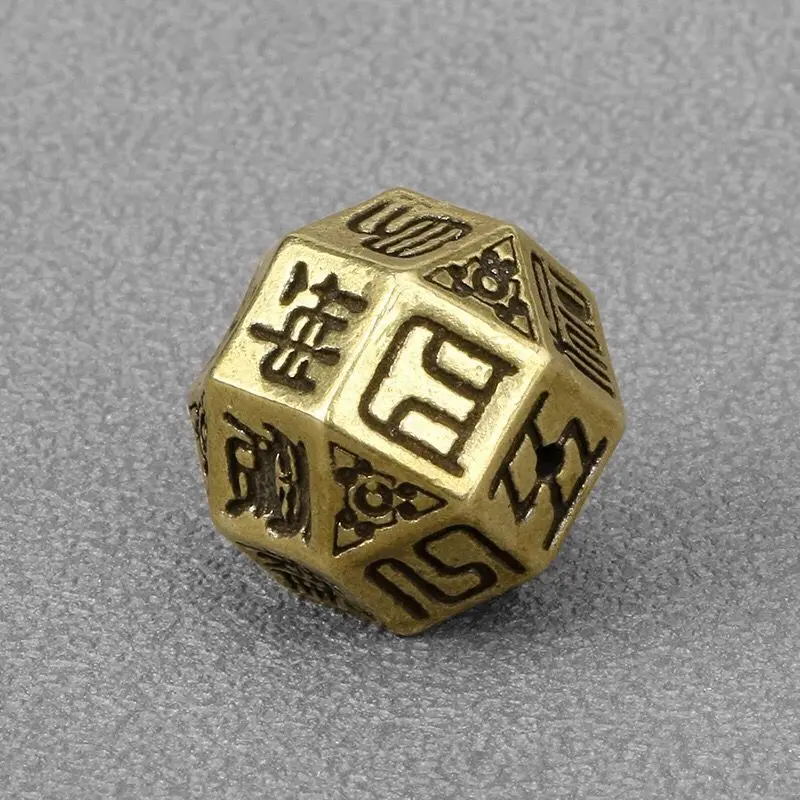 Vintage Brass 14 Sided Polyhedral Dice Antique Bronze Finish Engraved Chinese Character Dice For Board Games Role Playing Game