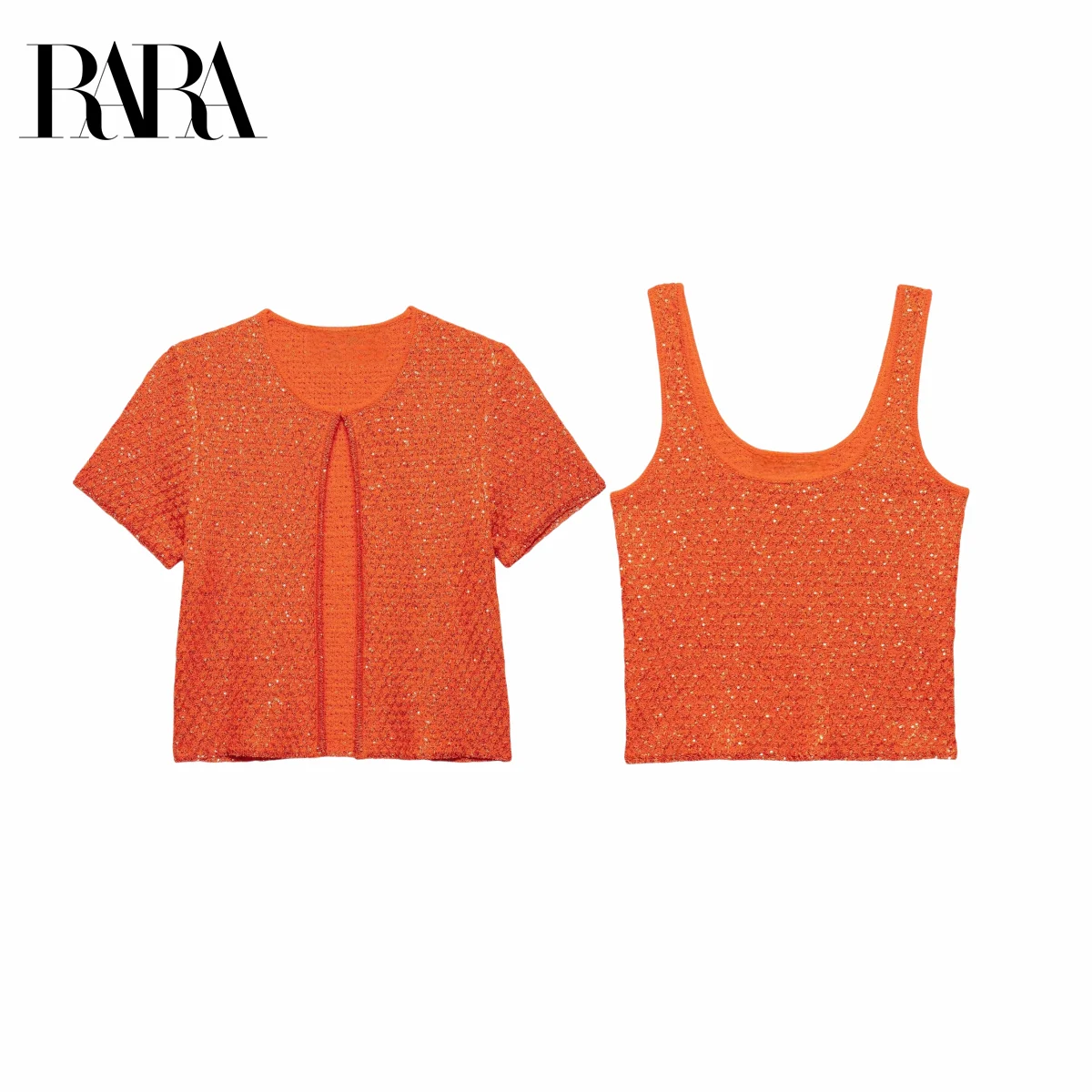 

RARA Women’s Sequin - Embellished Round Neck Short Sleeves Knitted Cardigan and Knitted Vest Stylish Casual Set