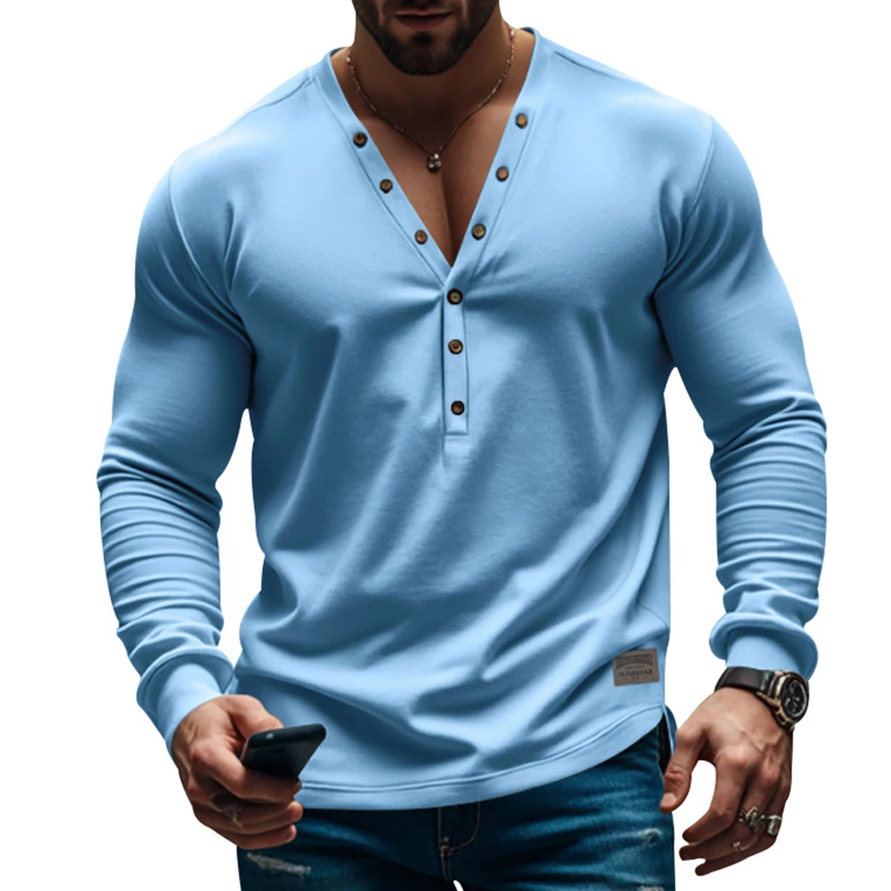 

Mens T-Shirt American Solid Color Button Slim Cardigan Long Sleeved T-Shirt Autumn Casual Streetwear Underwear Men's Clothing